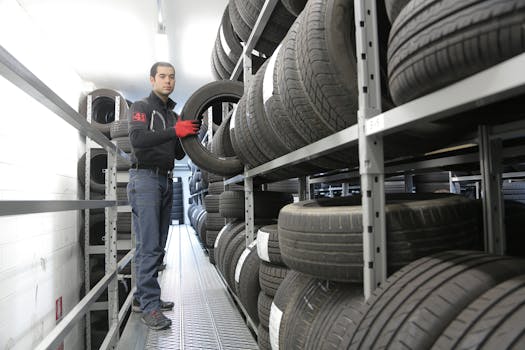 Mechanic places a tire on a rack in an indoor warehouse storage facility.